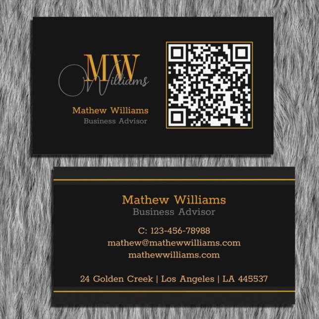 QR Code Business, Modern | Black Monogram Pro Business Card (Creator Uploaded)