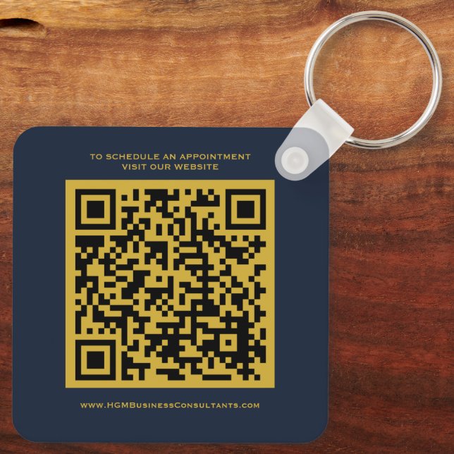 QR Code Business Monogram Logo Navy Burgundy Gold Key Ring (Back)