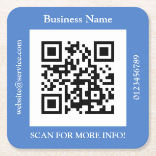 QR Code Business Name, Website Promo, Blue Square Paper Coaster