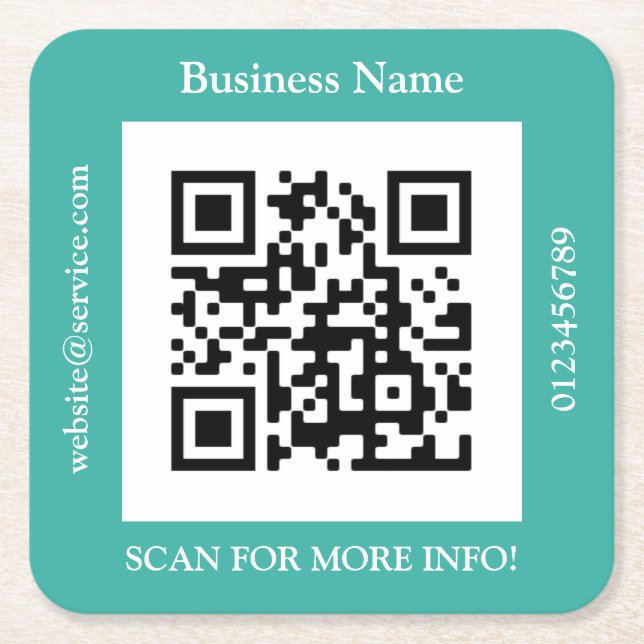 QR Code Business Name, Website Promo, Teal Square Paper Coaster (Front)