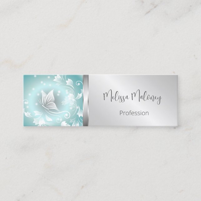QR Code | Butterfly Greenery Mint Silver Mini Business Card (Front)