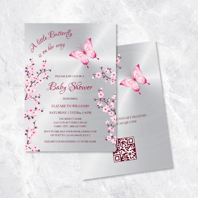 QR Code | Butterfly Silver | Girl Baby Shower  Invitation (Creator Uploaded)
