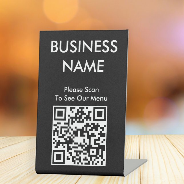 QR Code Cafe Big Print Menu Black Pedestal Sign (Stylishly Personalize with Your Business Name & QR Code.)
