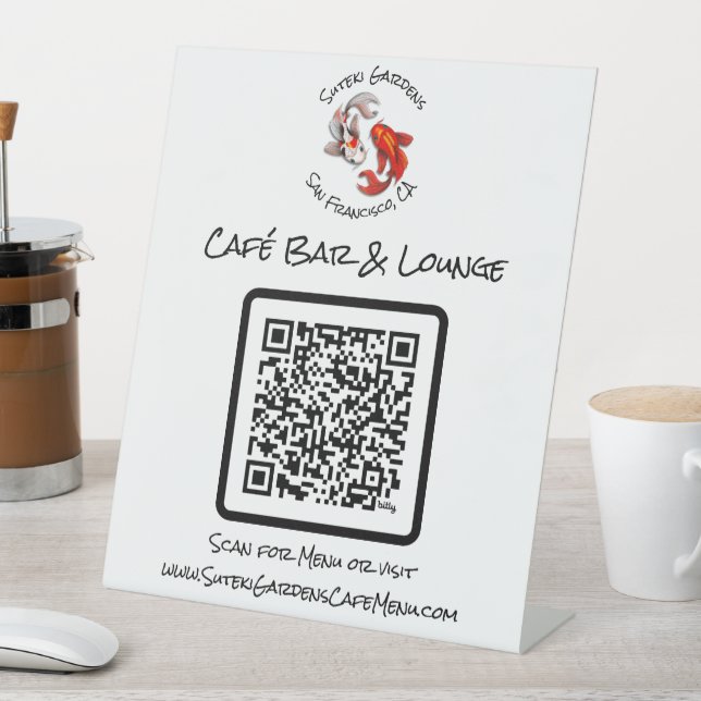 QR Code Cafe Menu Yin Yang Koi Fish Business Logo Pedestal Sign (In SItu)