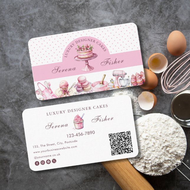 QR Code Cake Baker Polka Dot Chic Pink Business  Business Card (Creator Uploaded)