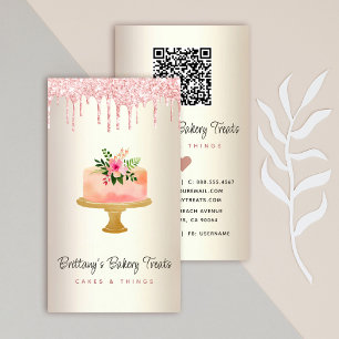 QR Code Cake Blush Pink Glitter Drips Gold Bakery Business Card