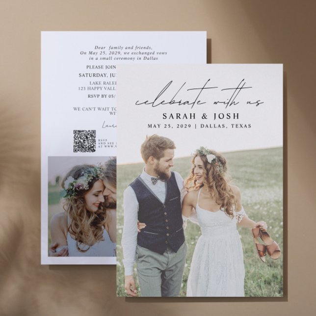 QR Code Celebrate With Us 2 Photo Wedding Announcement (Personalize this wedding reception invitation with your photos & personal deets - simple, easy, done)