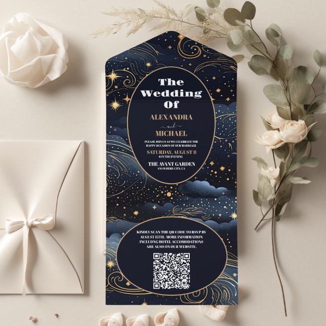 QR Code Celestial Midnight Blue Stars Moon Wedding All In One Invitation (Creator Uploaded)