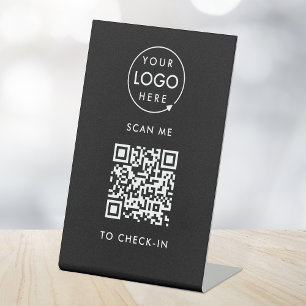 QR Code Check-In   Black Business Logo Contactless Pedestal Sign