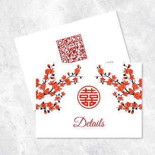 QR Code   Cherry Blossom Red White Chinese Wedding Enclosure Card