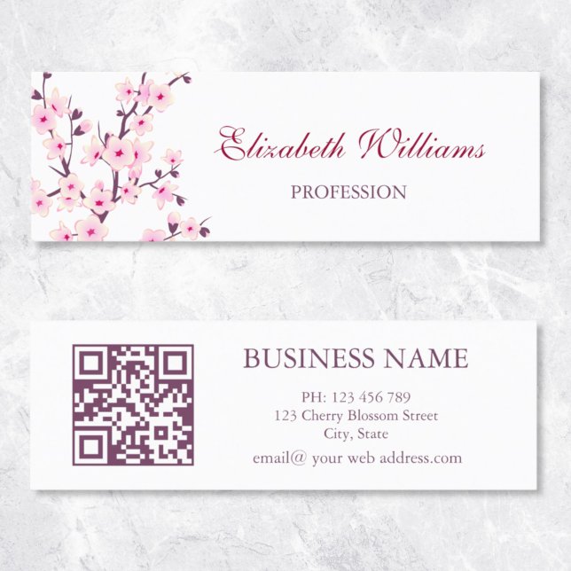QR Code Cherry Blossoms Pink White Mini Business Card (Creator Uploaded)