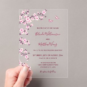 QR Code   Cherry Blossoms  Pink White Wedding Acrylic Invitations