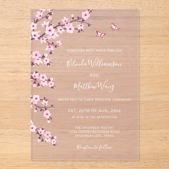 QR Code | Cherry Blossoms  Pink White Wedding Acrylic Invitations (Front)