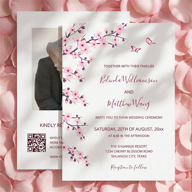 QR Code | Cherry Blossoms  Pink White Wedding Invitation (Creator Uploaded)