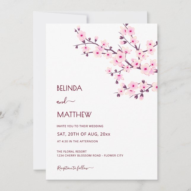 QR Code | Cherry Blossoms  Pink White Wedding Invitation (Front)