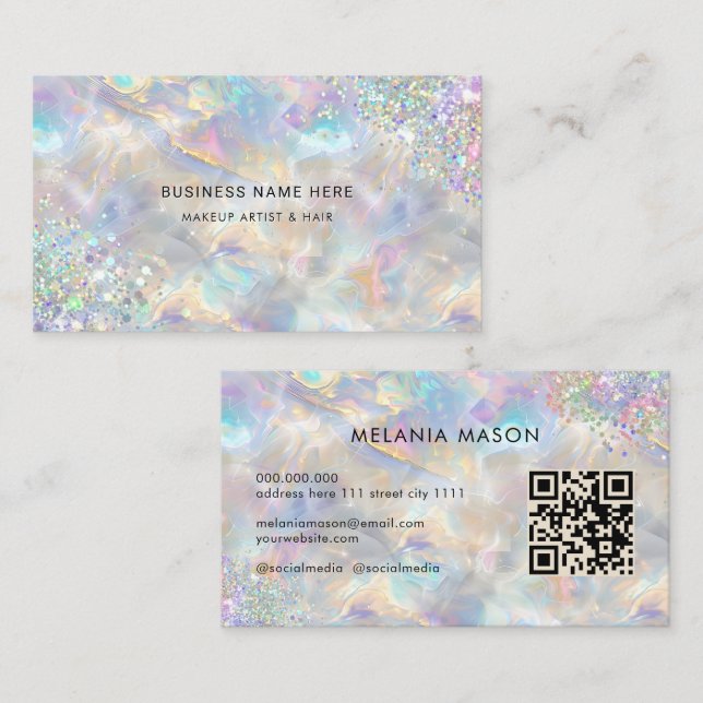 QR Code Chic Holographic Glitter Iridescent Opal Business Card (Front/Back)