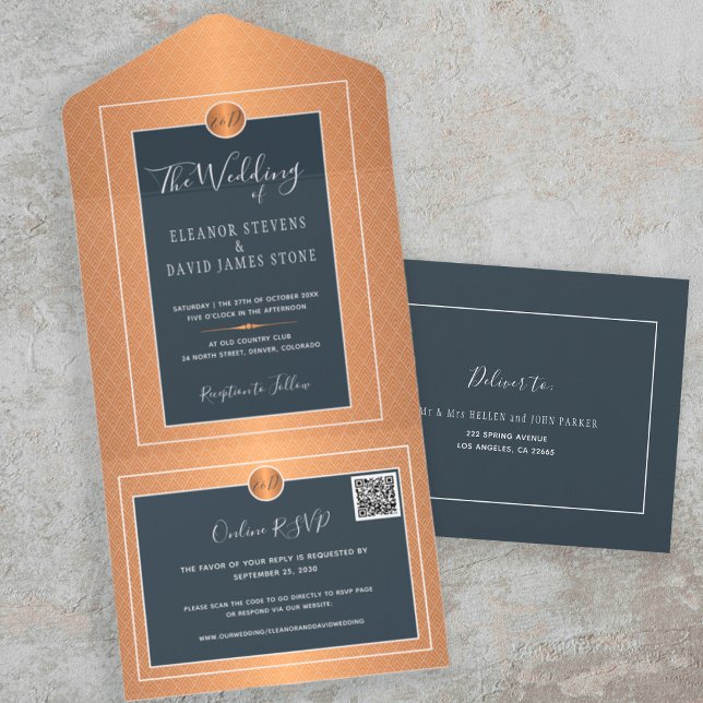 QR CODE chic navy copper gold online RSVP wedding All In One Invitation (Creator Uploaded)