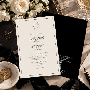 QR Code Classic Black & Ivory Monogram Wedding Invitation