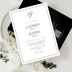 QR Code Classic Black & White Monogram Wedding Invitation