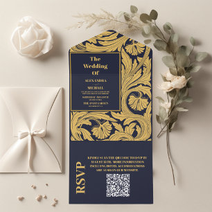 QR Code Classic Blue Art Nouveau Wedding All In One Invitation