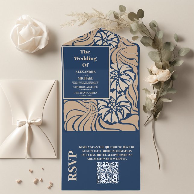 QR Code Classic Blue Art Nouveau Wedding All In One Invitation (Creator Uploaded)