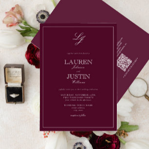 QR Code Classic Burgundy Script Monogram Wedding Invitation