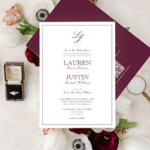 QR Code Classic Burgundy Script Monogram Wedding Invitation