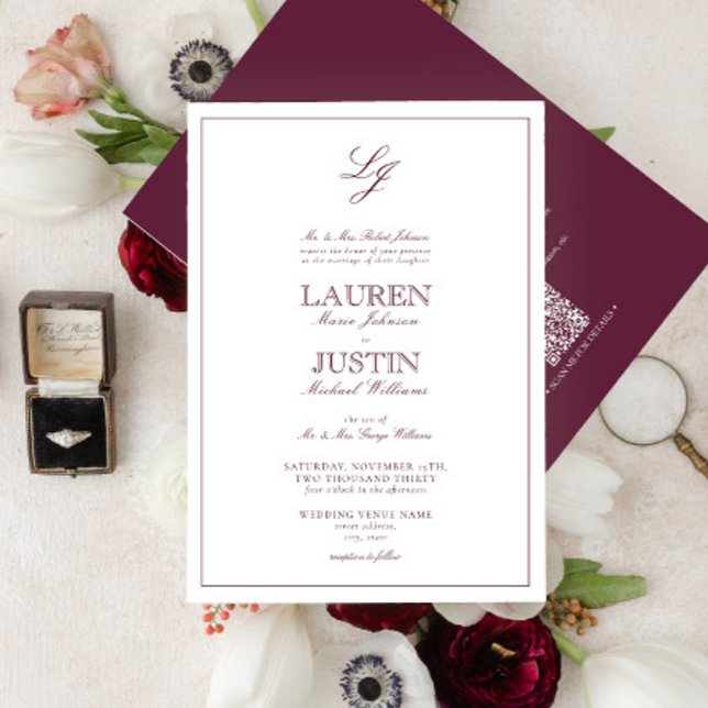 QR Code Classic Burgundy Script Monogram Wedding Invitation (Creator Uploaded)