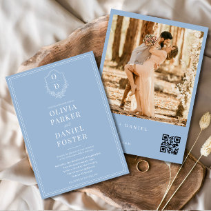 QR Code Classic Crest Dusty Blue Photo Wedding Invitation