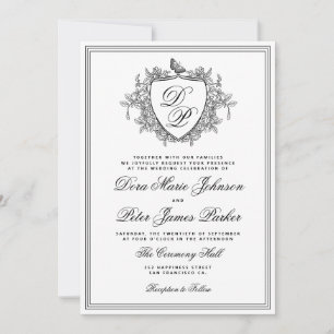 QR code classic crest monogram black white wedding Invitation