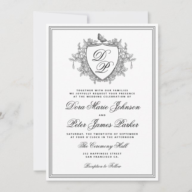 QR code classic crest monogram black white wedding Invitation (Front)