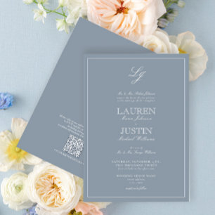 QR Code Classic Dusty Blue Script Monogram Wedding Invitation
