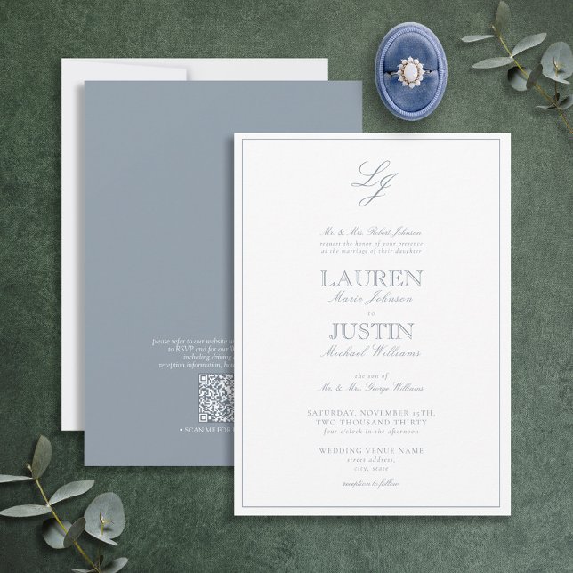 QR Code Classic Dusty Blue Script Monogram Wedding Invitation (Creator Uploaded)