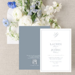 QR Code Classic Dusty Blue Script Monogram Wedding Invitation