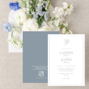 QR Code Classic Dusty Blue Script Monogram Wedding Invitation