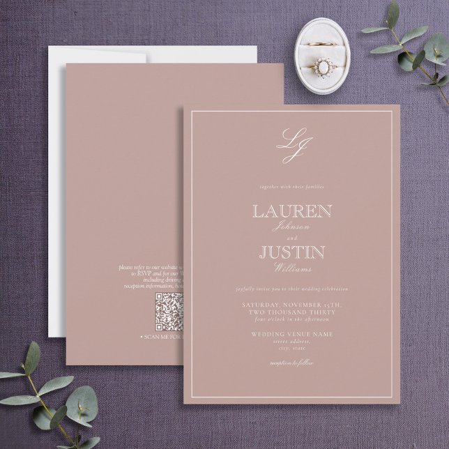 QR Code Classic Dusty Rose Script Monogram Wedding Invitation (Creator Uploaded)