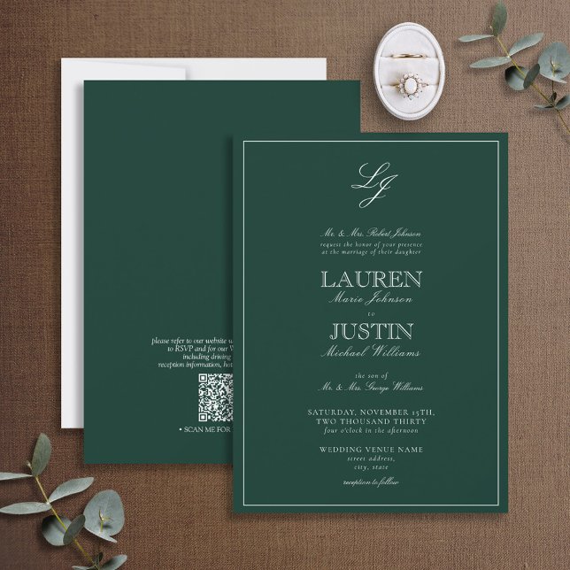 QR Code Classic Emerald Green Monogram Wedding Inv Invitation (Creator Uploaded)