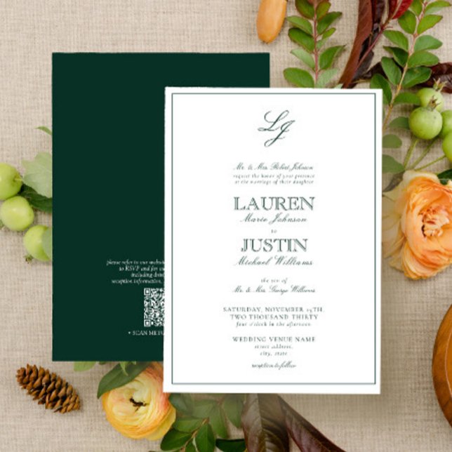 QR Code Classic Emerald Green Monogram Wedding Invitation (Creator Uploaded)