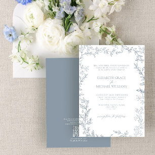 QR Code Classic Formal Dusty Blue Leafy Wedding Invitation