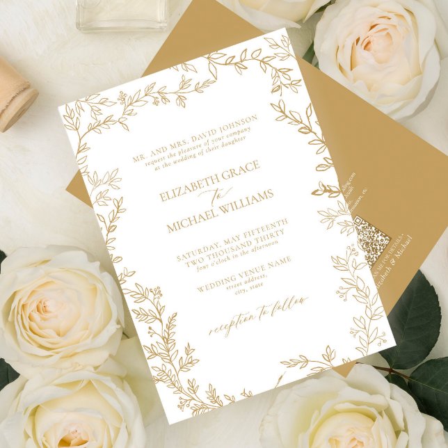 QR Code Classic Formal Elegant Gold Leafy Wedding Invitation (Creator Uploaded)