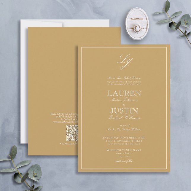 QR Code Classic Gold Script Monogram Wedding Invit Invitation (Creator Uploaded)