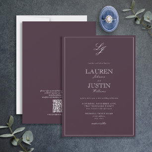 QR Code Classic Plum Purple Monogram Wedding Invitation