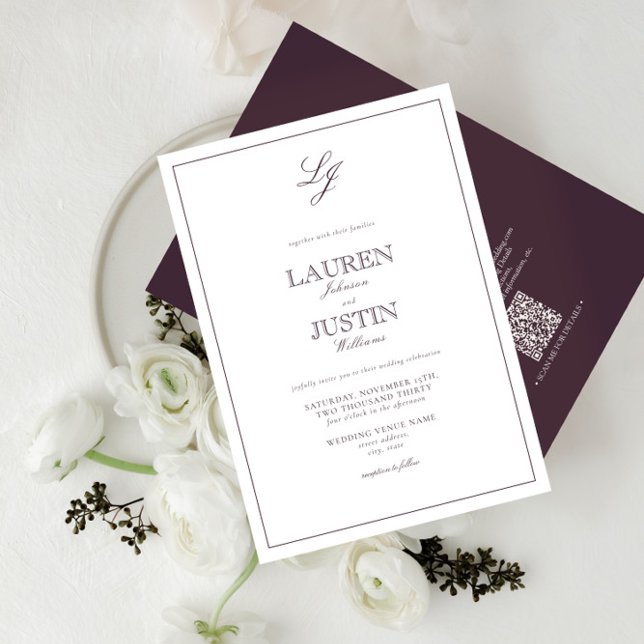 QR Code Classic Plum Purple Monogram Wedding Invitation (Creator Uploaded)