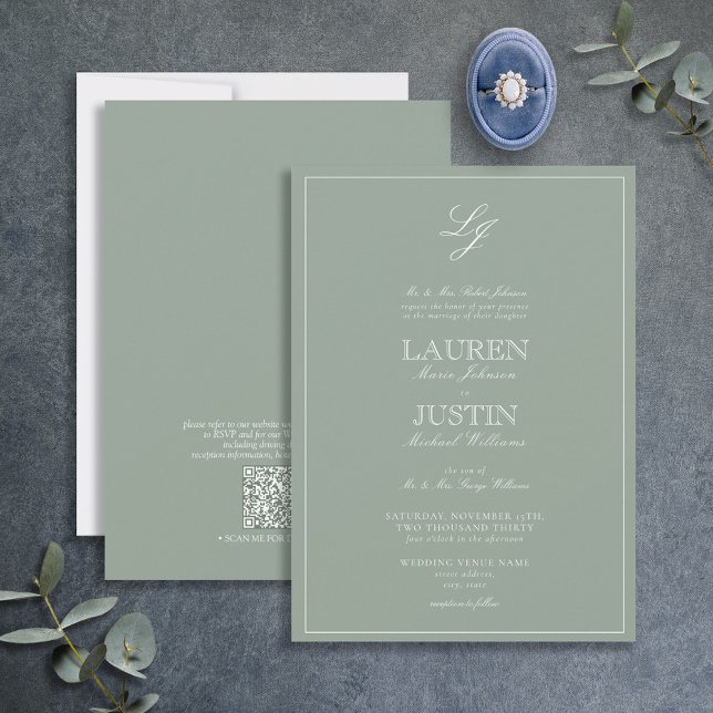 QR Code Classic Sage Green Script Monogram Wedding Invitation (Creator Uploaded)