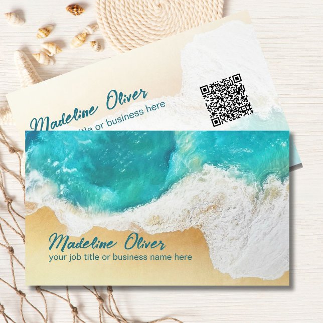QR Code Coastal Beach Scene Travel Professional  Business Card (Creator Uploaded)