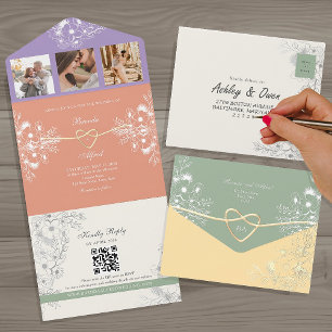 QR Code Colourful Floral Spring Wedding All In One Invitation