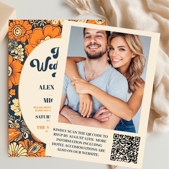QR Code Colourful  Groovy Retro 70s Floral Wedding Invitation (Creator Uploaded)