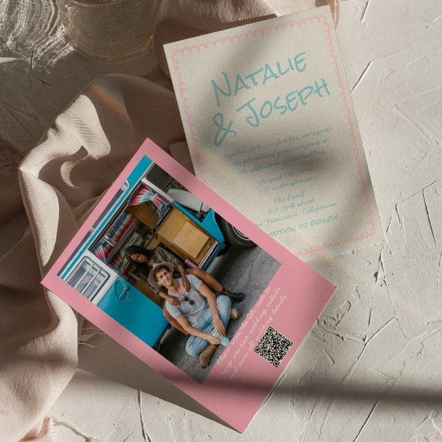 QR Code Colourful Pastel Hand Written Photo Weddin Invitation (Creator Uploaded)