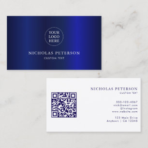 QR Code Company Logo Navy Blue Metallic Modern  Business Card