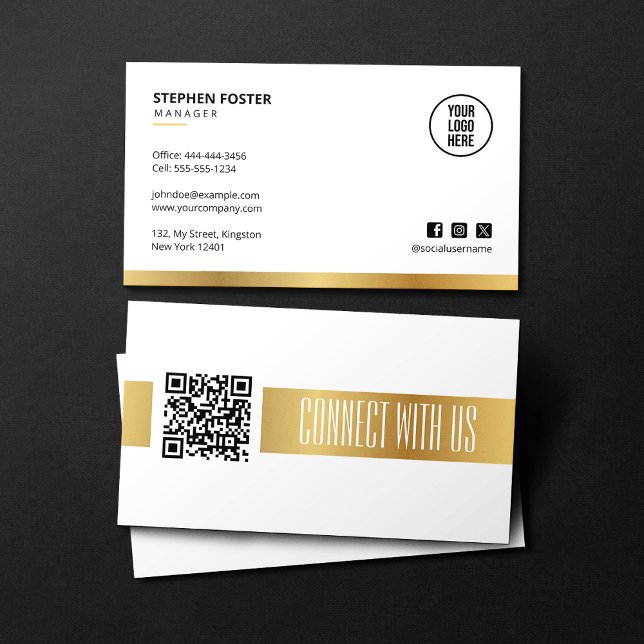 QR Code Connect With Us Social Media White & Gold Business Card (Creator Uploaded)
